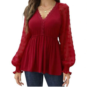 MisSky Red V Neck Sheer Sleeve Shirt Blouse Sz M